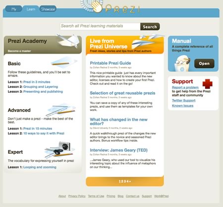 A picture of the Learn Page on Prezi.com