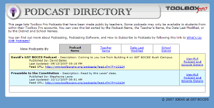 A Screenshot of the Podcast Directory for Toolbox Pro